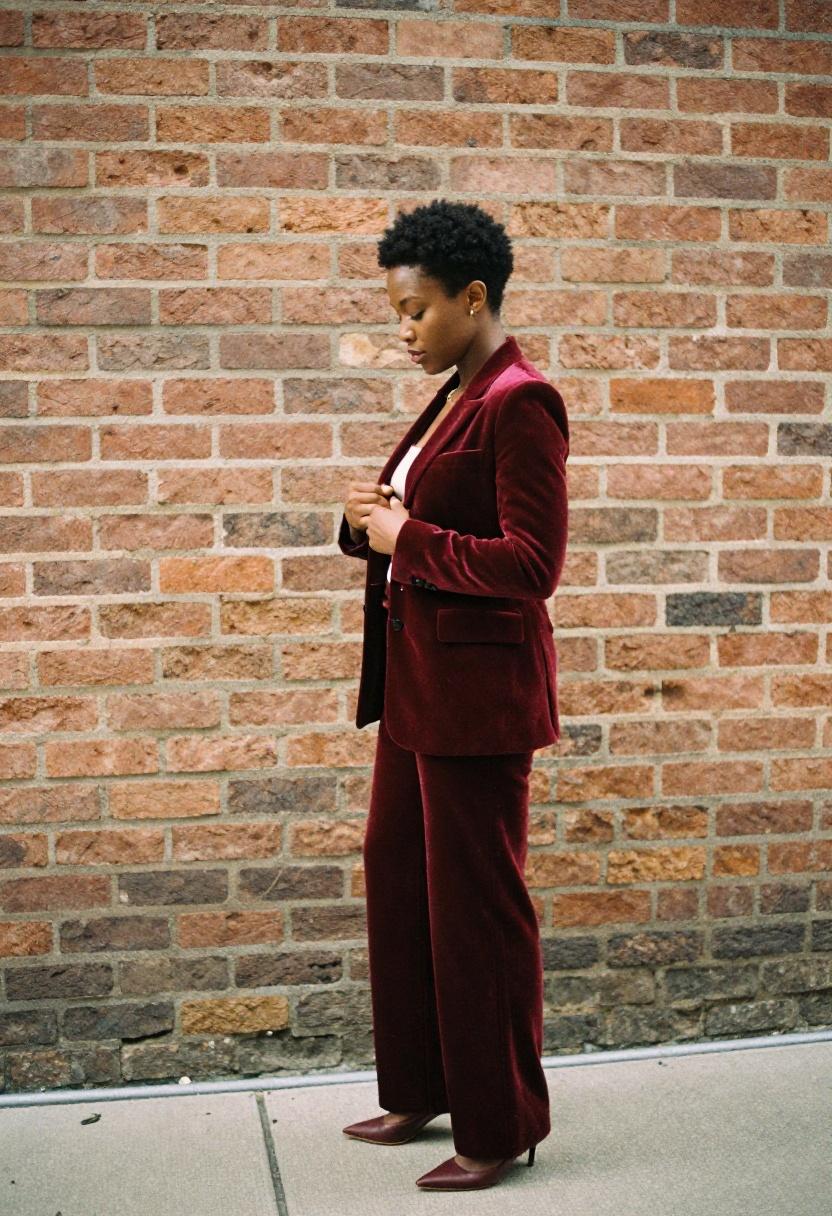 Rich wine velvet blazer and trouser set with modern tailoring for jazz concert