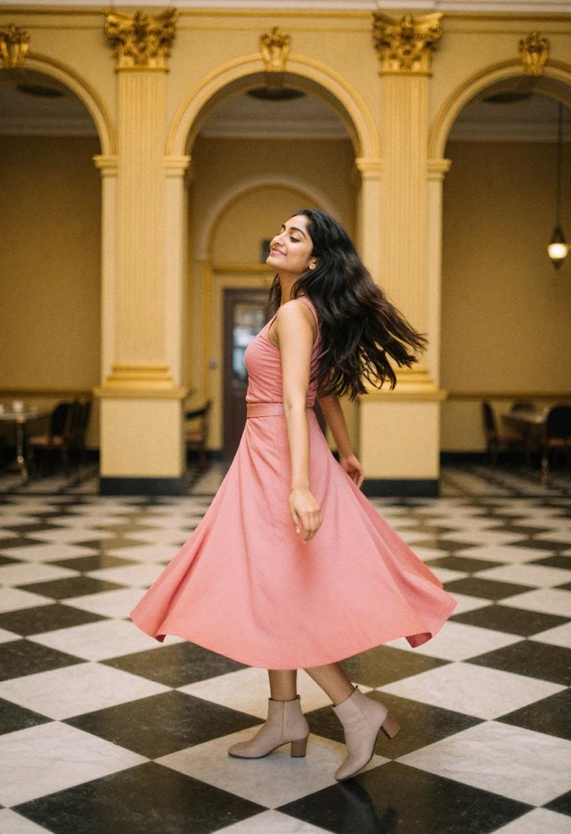 Flowing fuchsia midi skirt and fitted top for an escape room date