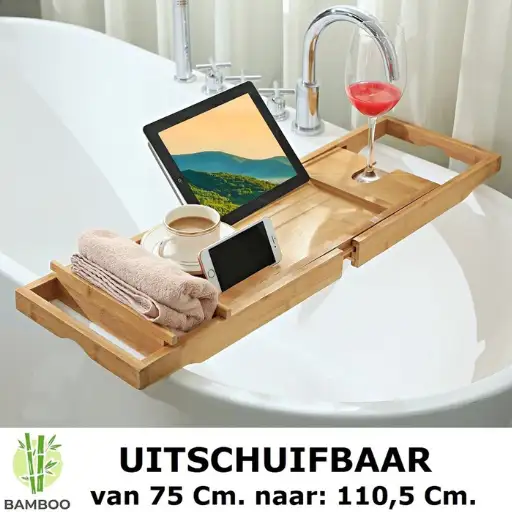 Bamboe Badrek - Badrekje voor bad - Uitschuifbaar 75 tot 110 Cm - Badplank - tafeltje - ZitBadXL.nl