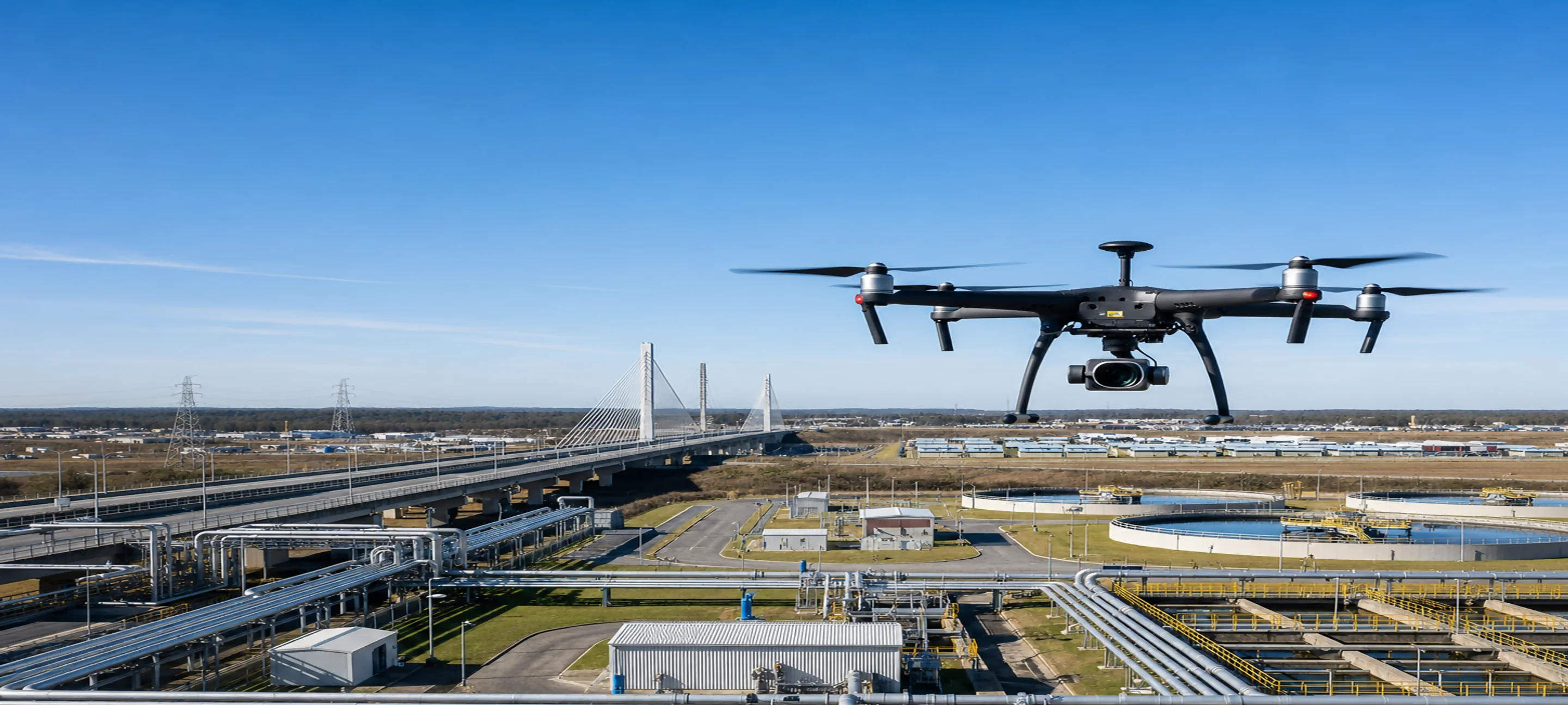 Drone de vigilancia AASPC sobrevolando infraestructura crítica