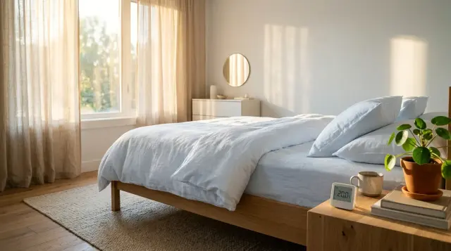 Sunlit minimalist bedroom with white bedding and morning light evoking restful sleep