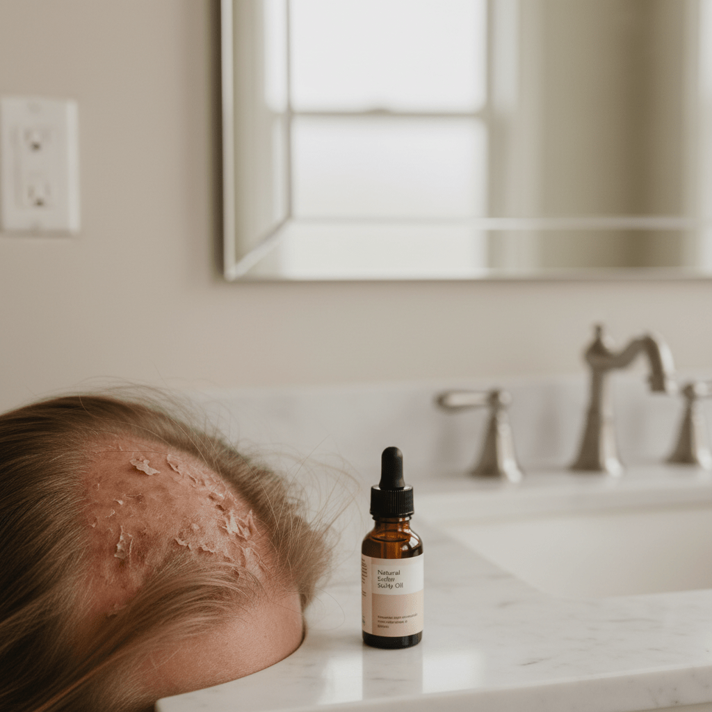 A close-up of an itchy, flaky scalp with a natural oil bottle nearby