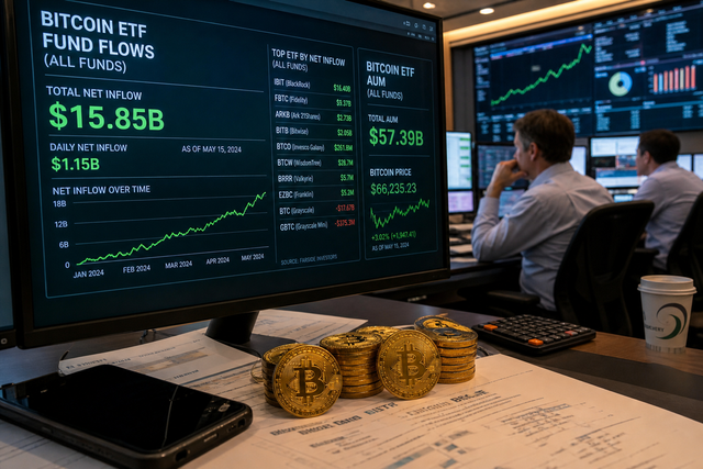Photorealistic photojournalistic image of Bitcoin cryptocurrency coins on a trading desk with financial screens showing ETF fund inflow data