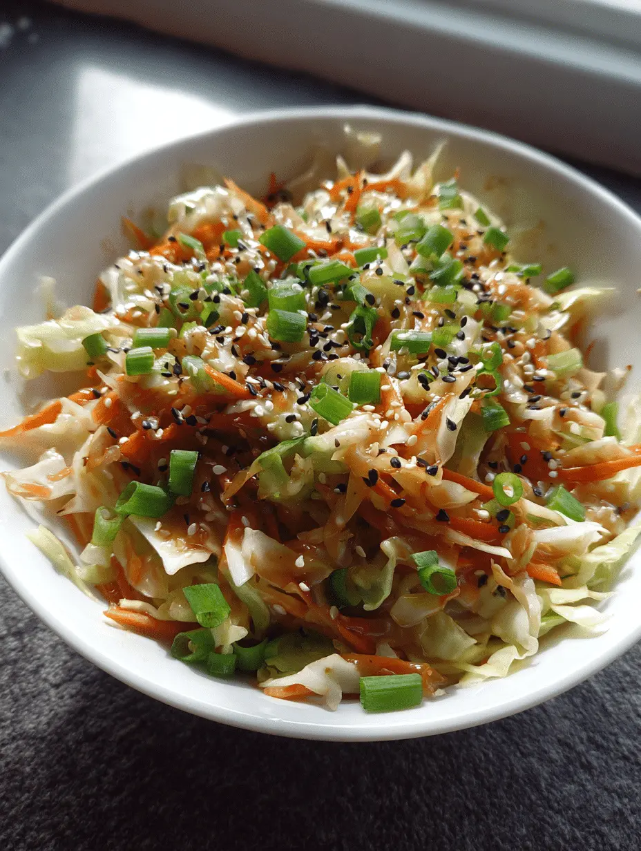 Colorful Asian sesame slaw with cabbage, carrots, and sesame seeds served in a bowl as a fresh summer side.