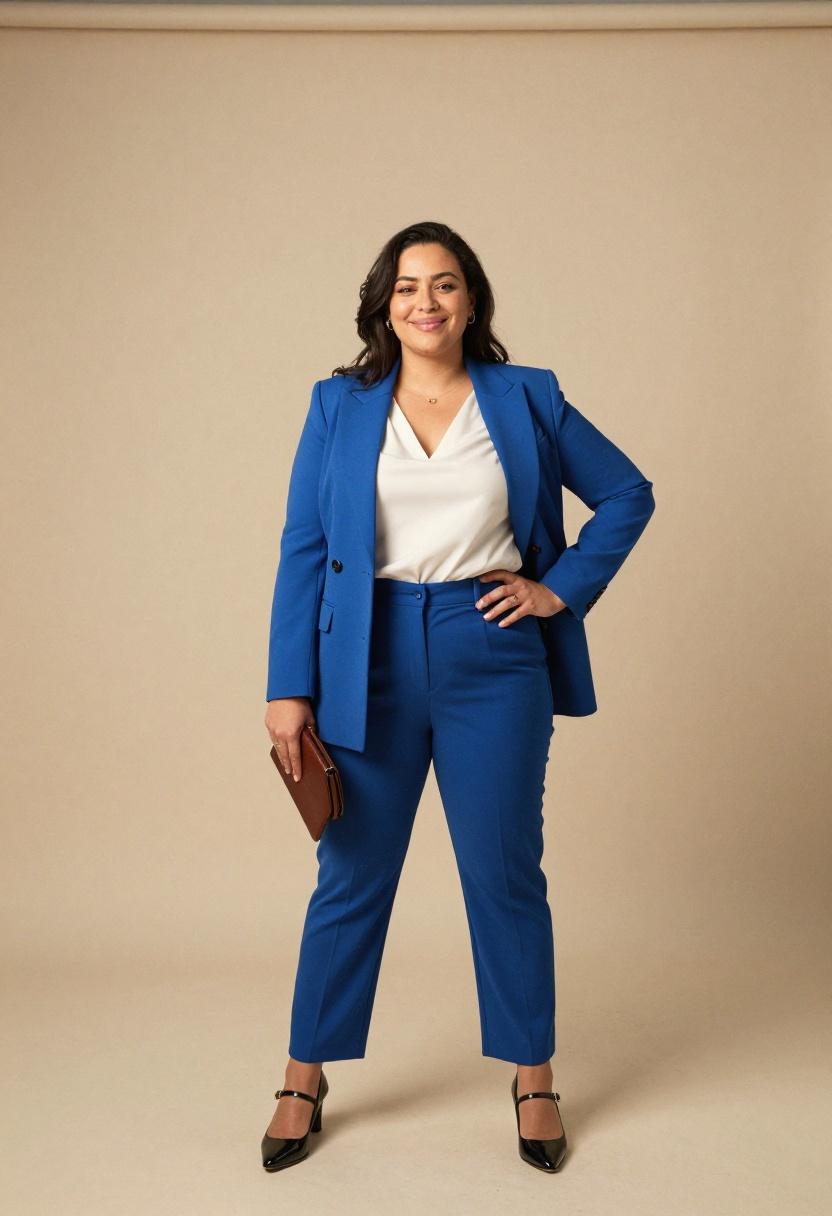 Cobalt blue blazer with camel trousers and black Mary Jane heels for office wear
