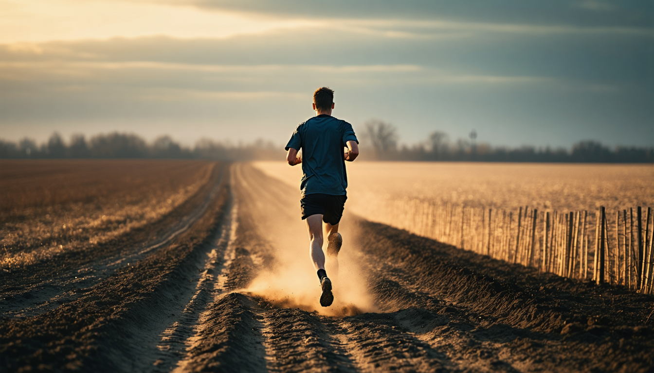 A lone runner on a dirt loop trail at dusk, blurred with motion, heat haze rising off the ground.