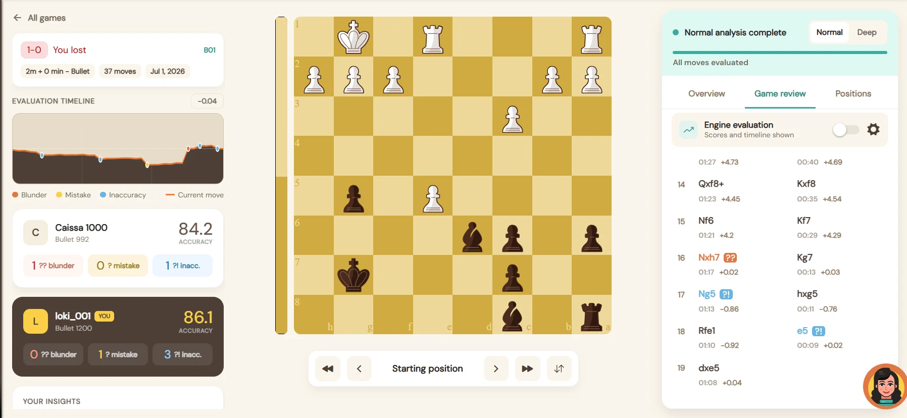 Positions tab listing questionable moves as practice challenges