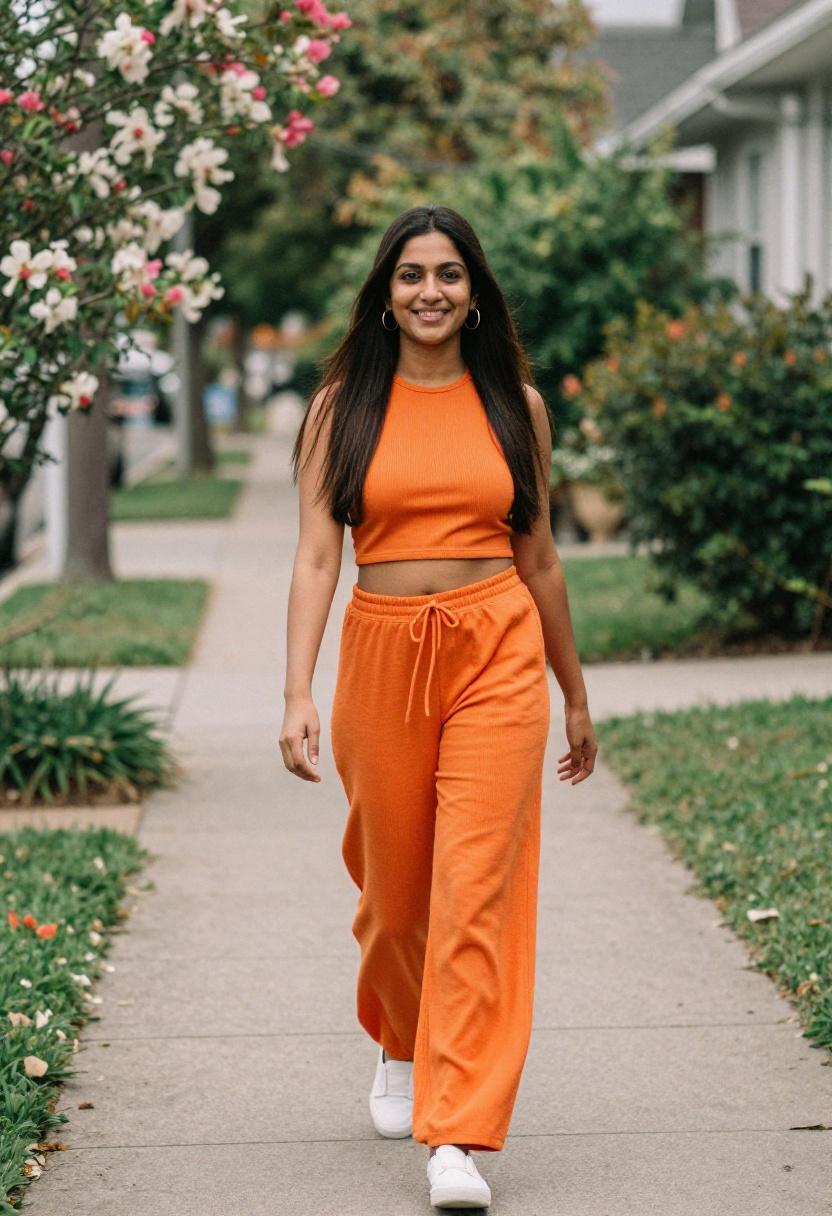 Tangerine orange ribbed lounge set on a sunny suburban sidewalk