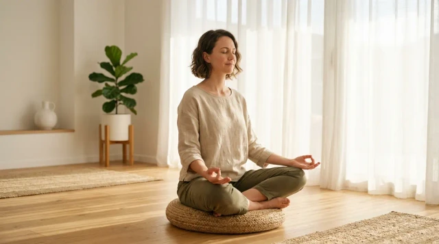 Person meditating peacefully on cushion in sunlit minimalist room, calm and focused