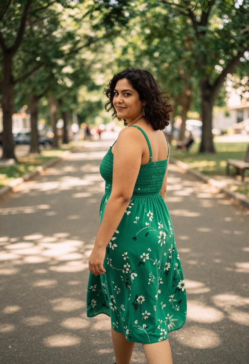 Plus size woman in emerald floral sundress caught mid-stride on a sun-dappled park path