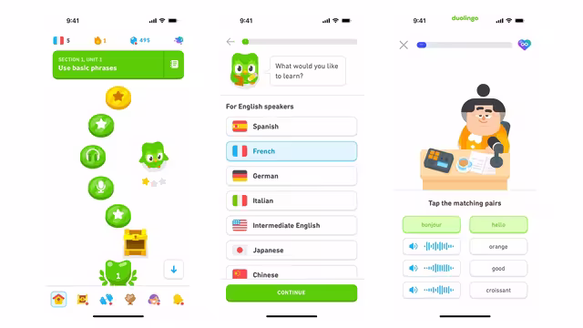 Duolingo app interface showing lessons and progress