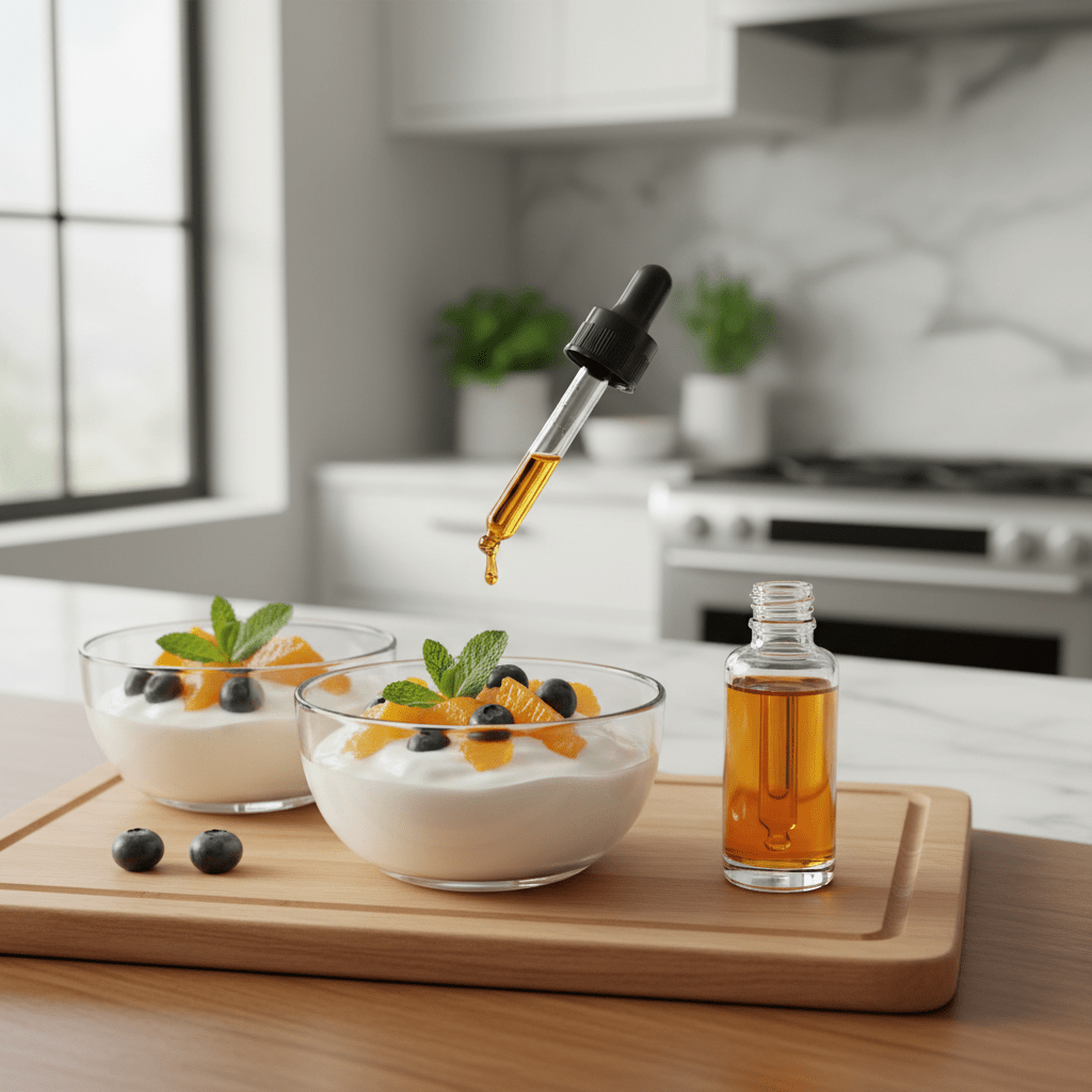 Sea buckthorn oil being added to yogurt and fruit bowls in a modern kitchen