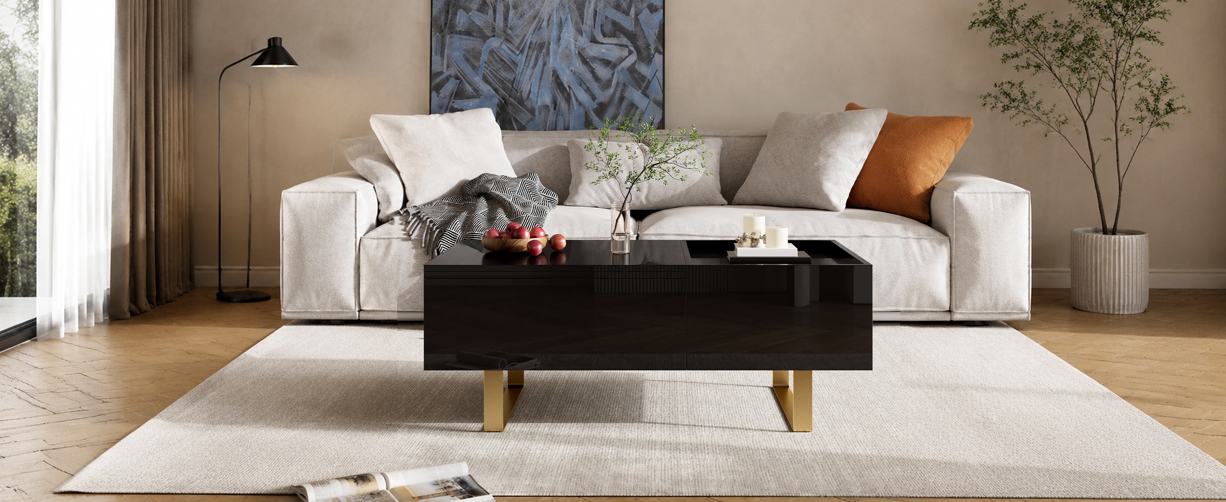 Table Basse Noir, Rangement, Étagères Réglables, Plan Relevable, 1 Tiroir, Design Moderne - Panneau composite de fibres de bois à densité et Métal - 100x50x54.5cm - Salon 1