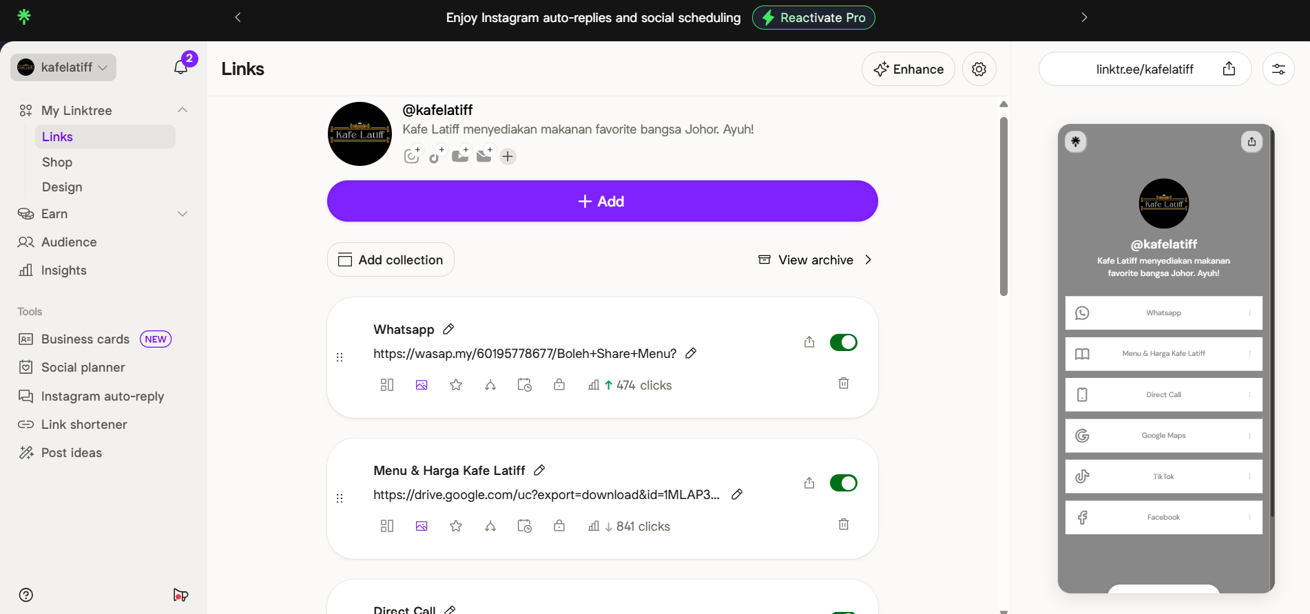 Screenshot statistik klik Linktree Kafe Latiff — 473 klik pada link WhatsApp