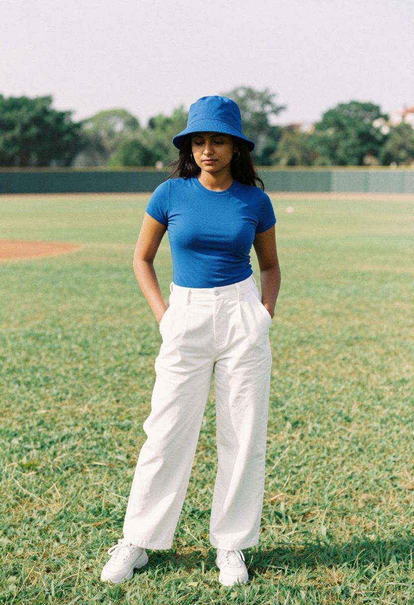 Woman in cobalt blue jersey top tucked into wide-leg white trousers for a chic game-day lawn look