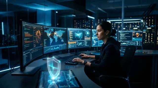 Cybersecurity analyst monitoring glowing threat displays in a dimly lit futuristic operations center