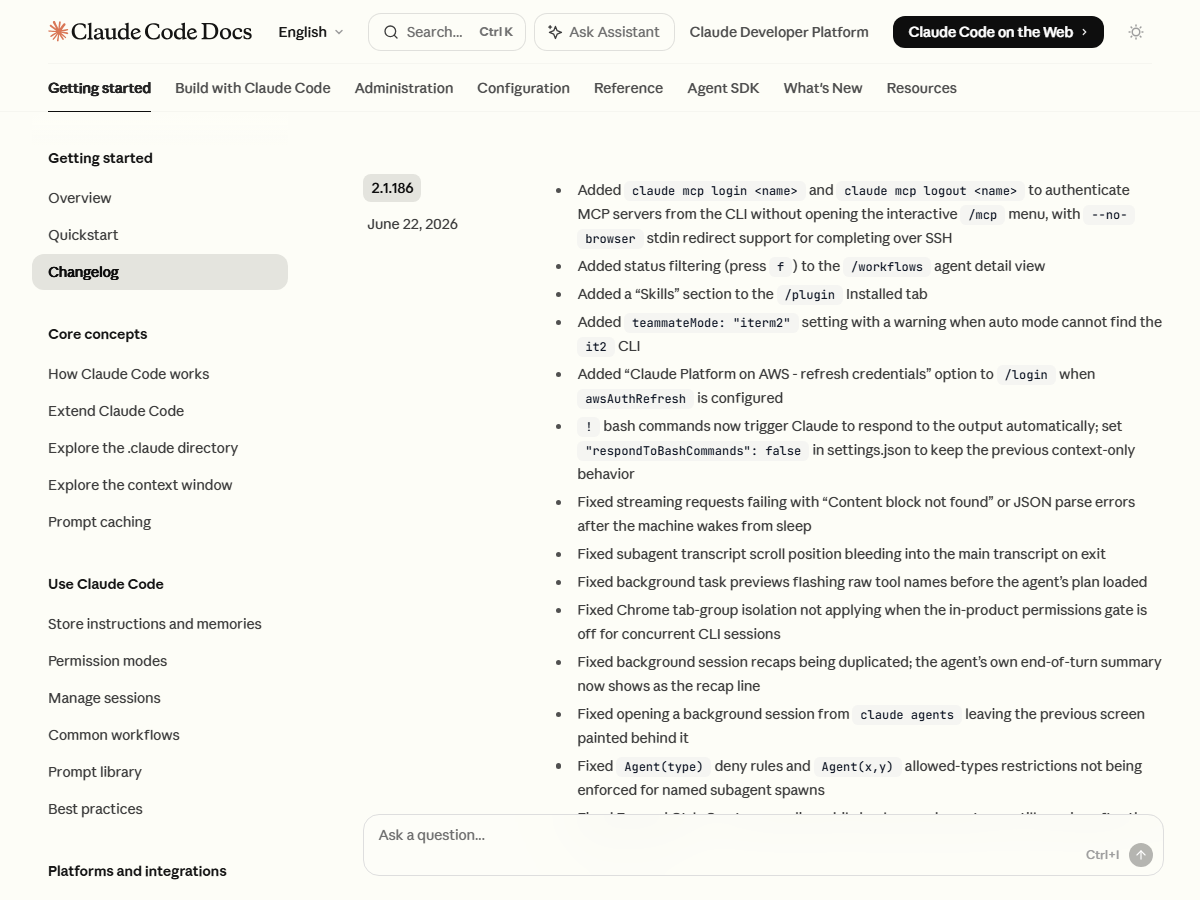 The respondToBashCommands entry in v2.1.186 of the Claude Code official changelog (Source: Claude Code official docs)