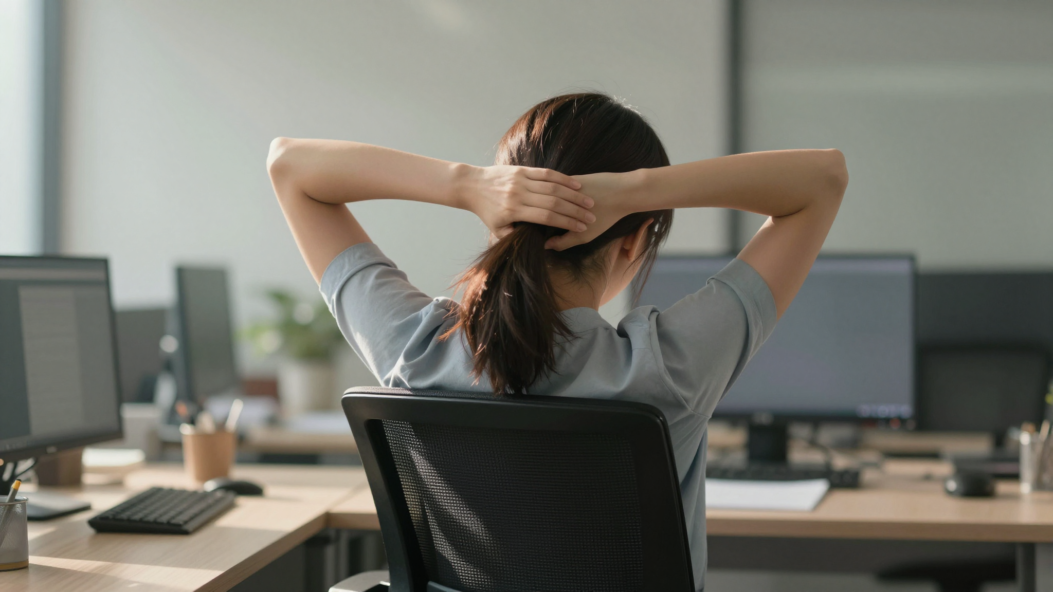 직장인이 의자에 앉아 올바른 자세로 스트레칭하며 등 통증을 완화하는 모습.