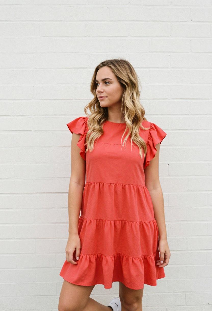 Coral-red tiered ruffle midi dress against a sun-drenched white brick wall