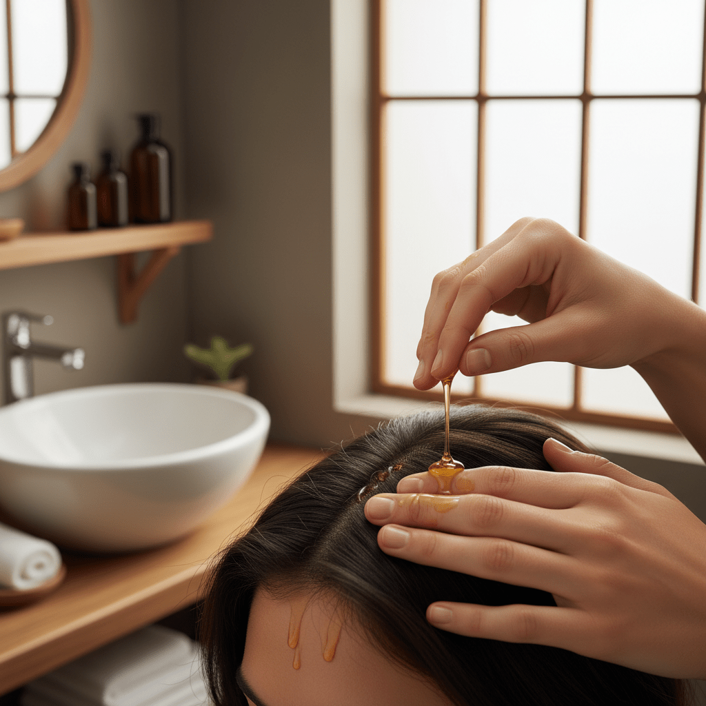Close-up scalp massage with amla seed oil on parted hair