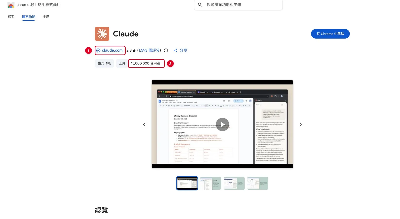 Chrome 線上應用程式商店裡 Claude 擴充功能的頁面截圖，可以看到發布者驗證標章與使用人數