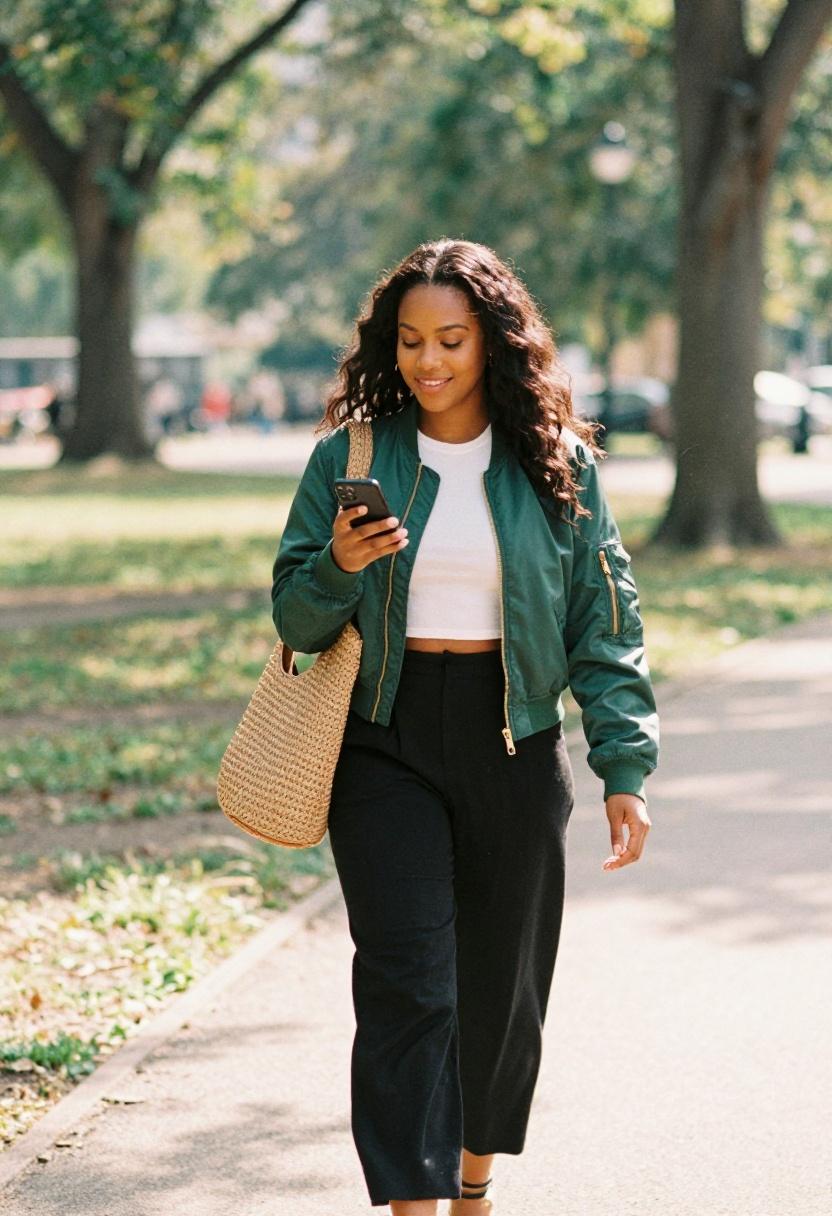 Emerald green bomber jacket with gold hardware over white tee and wide-leg trousers for a park look