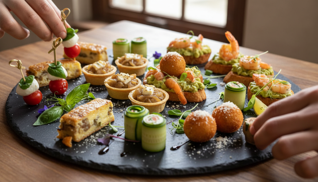 creative finger food table with assorted party appetizers