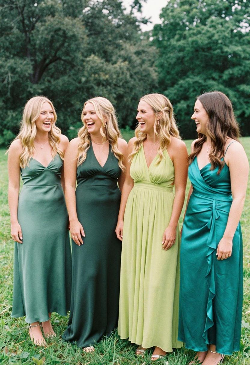 Bridesmaids in varying shades of bold green sharing a joyful laugh on an open grassy field at golden hour
