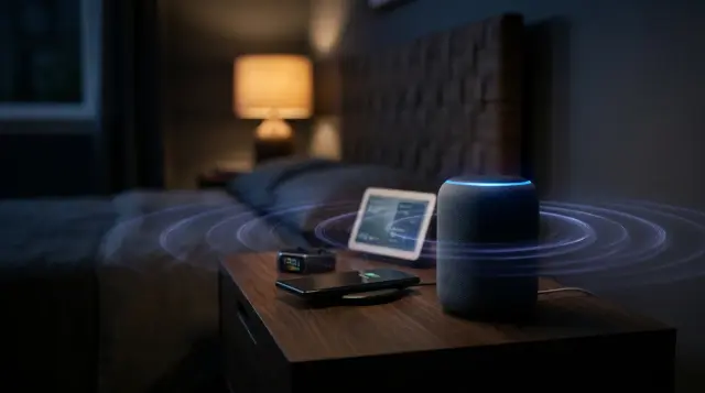 Smart devices clustered on nightstand emitting faint electromagnetic wave ripples in dim bedroom