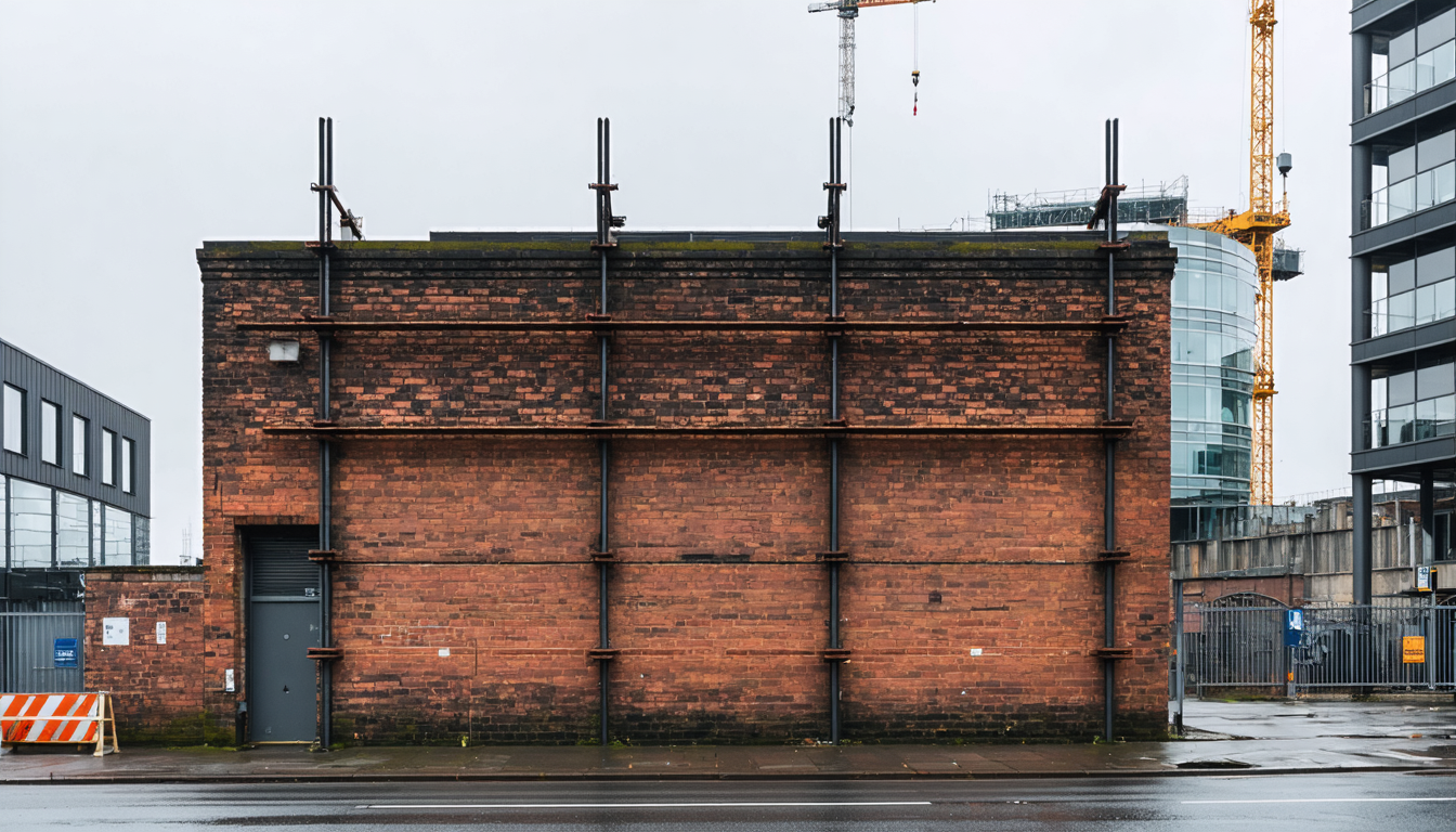 A single remaining brick wall of a demolished building, propped up by steel supports, with a modern glass construction rising behind it under grey Dublin sky.