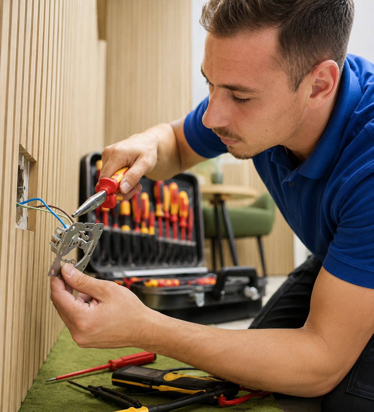 Vakman houdt gereedschap vast — elektricien in opleiding