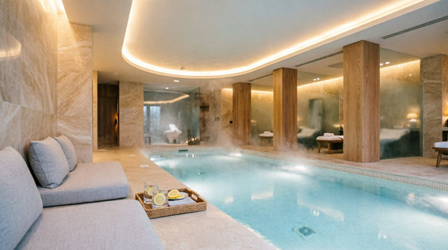 Роскошная SPA-зона с теплым бассейном и мягким освещением в парк-отеле Солнечный