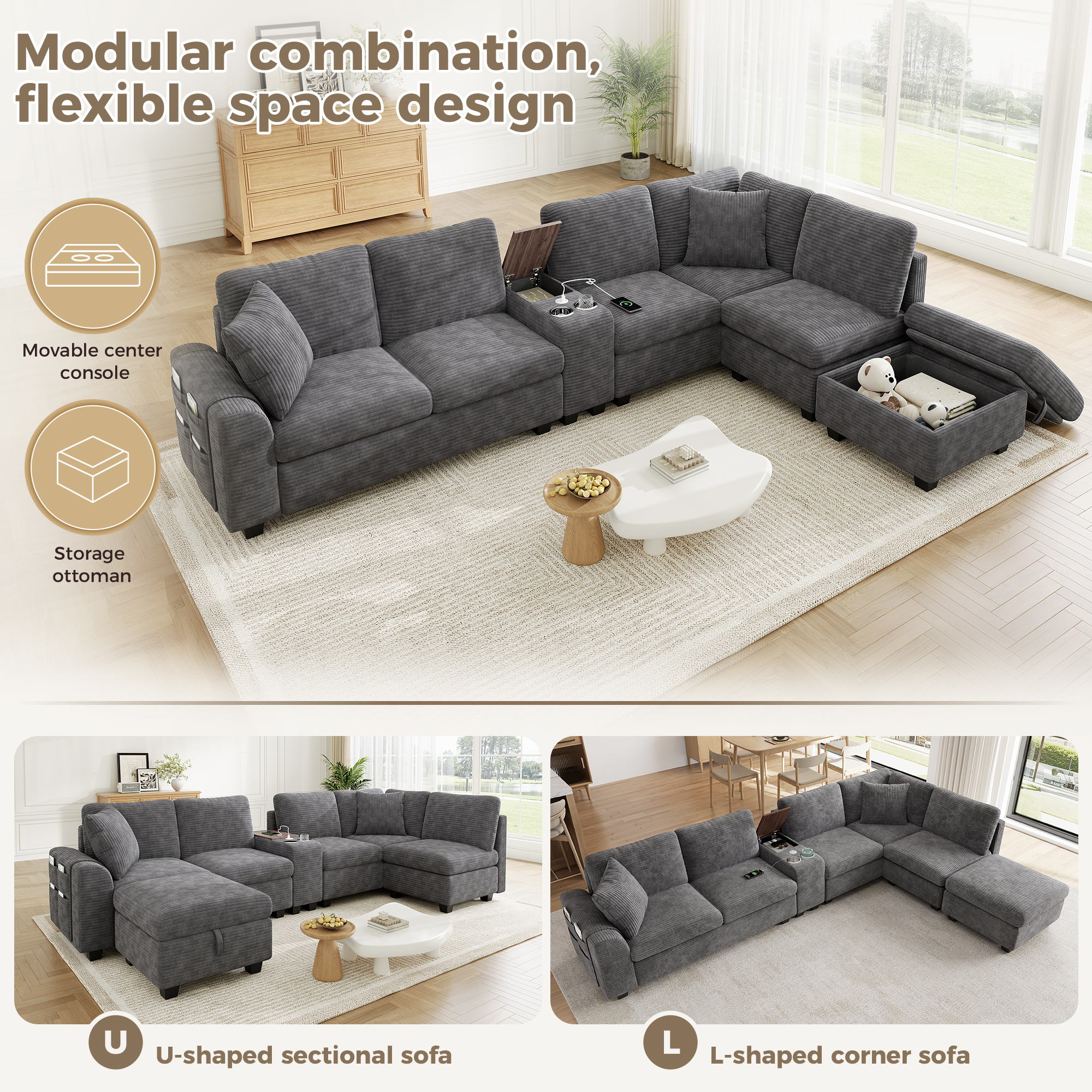 Canapé d'angle modulable gris dans le salon