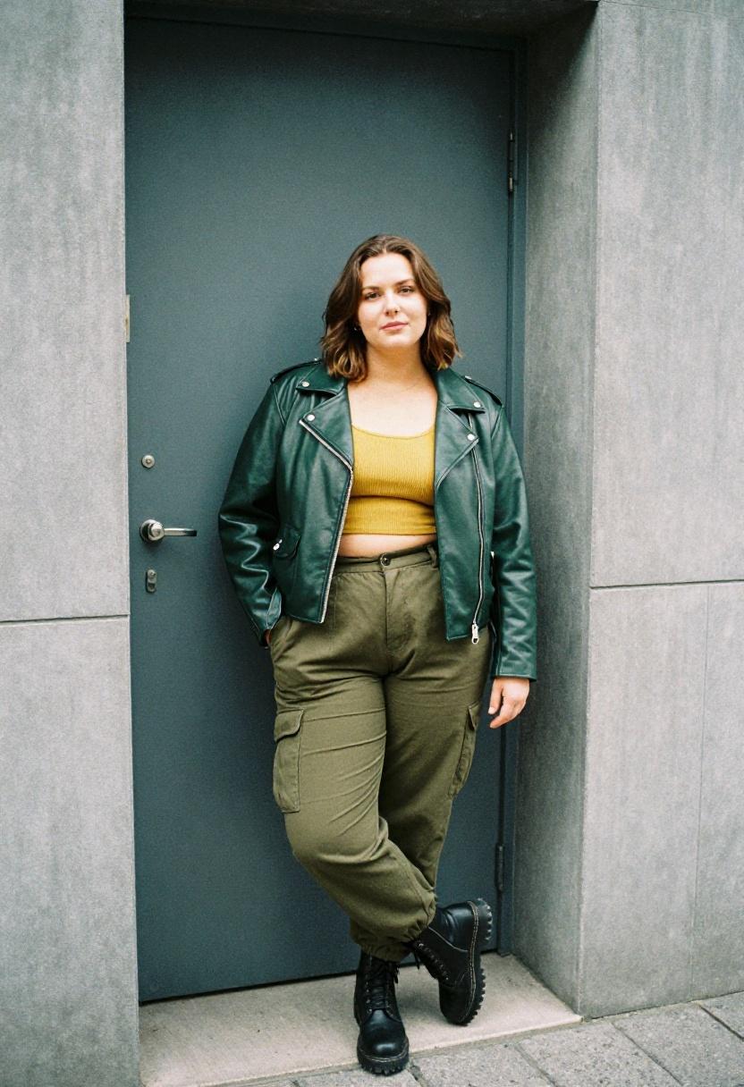 Plus size woman in forest green moto jacket and cargo trousers at urban building entrance