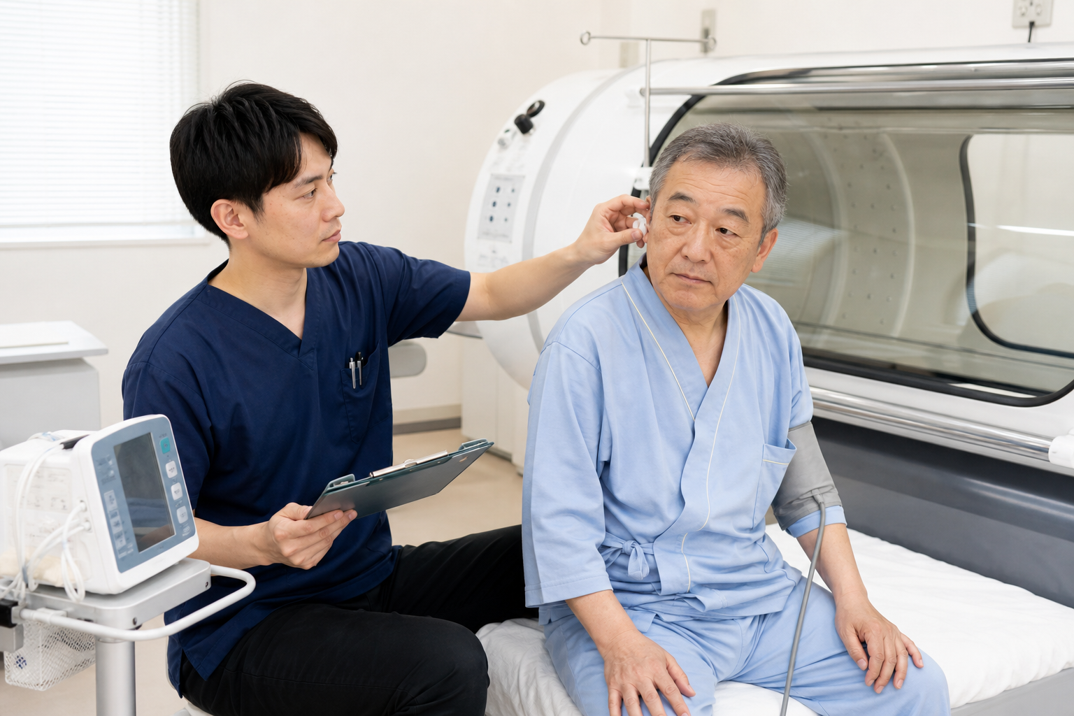 高圧酸素療法の前に耳の状態と血圧を確認する場面