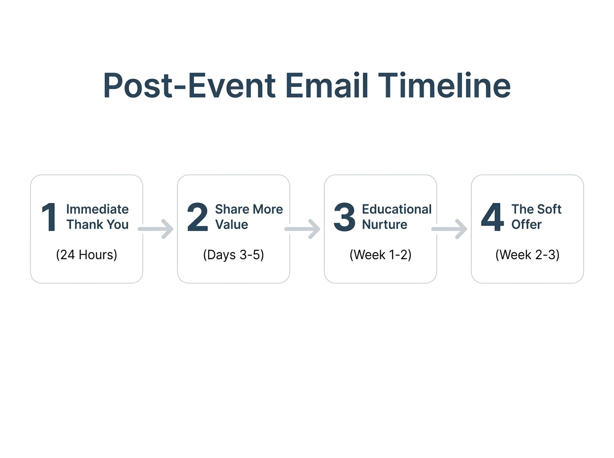 A flowchart outlining a 4-step post-event email timeline, including the immediate thank you, sharing value, educational nurture, and a soft offer.