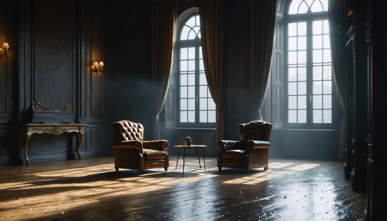 An empty, sunlit mansion drawing room with two facing armchairs, long shadows across a polished floor, no people present.