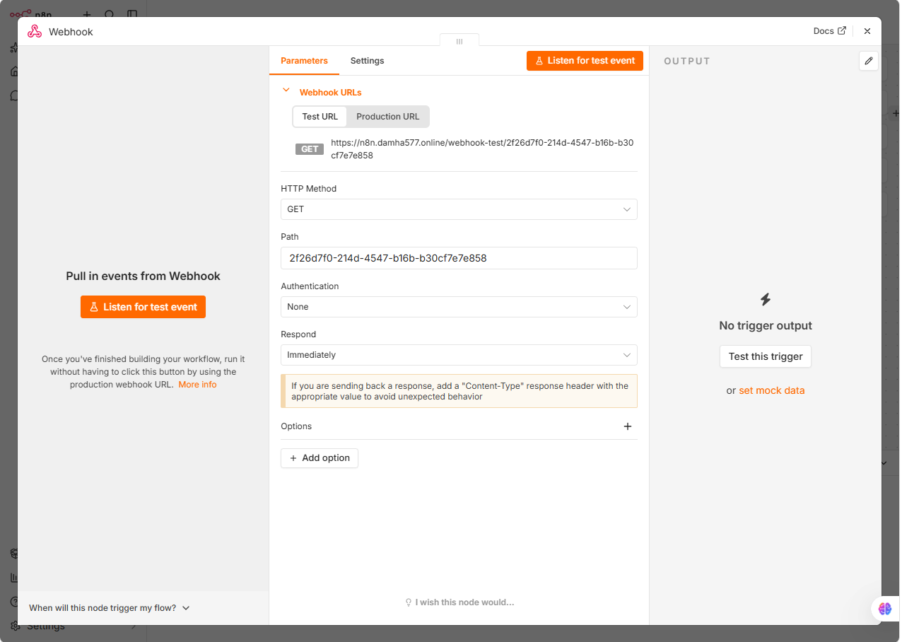 n8n webhook node configuration fields showing HTTP method and path options