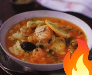 Постер Рыбный суп с оливками, солеными огурцами и каперсами