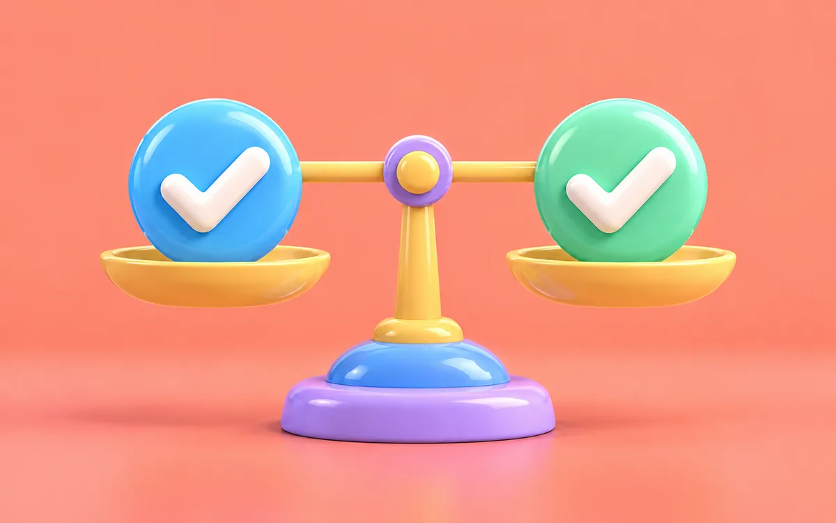 Blue tick and green tick badges on a balance scale