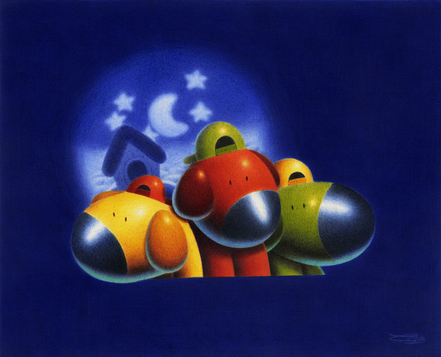 Colored-pencil illustration of little dogs at night by Arthur Congnard