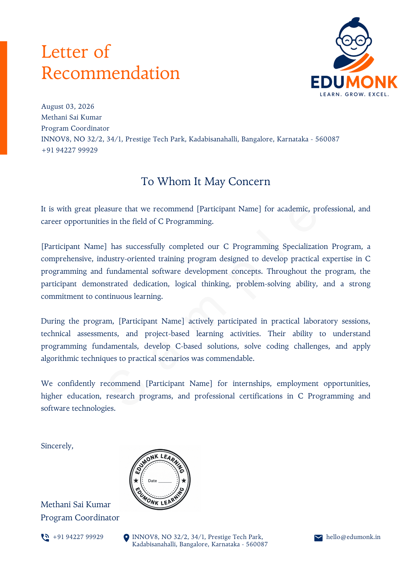 Sample C Programming Letter of Recommendation by EduMonk Sample EduMonk Letter of Recommendation for the C Programming Certificate of Specialisation