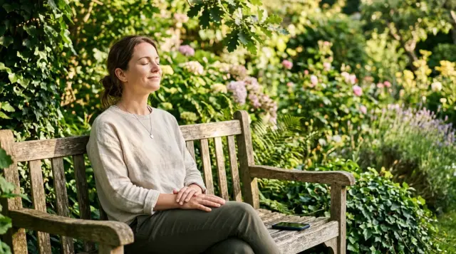 Person sitting peacefully in sunlit garden with phone set aside, serene mood