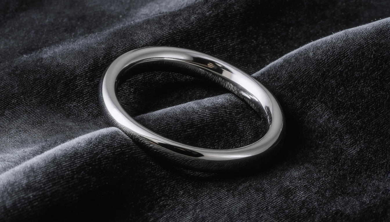 A titanium collar resting on dark velvet fabric, catching dim overhead light.