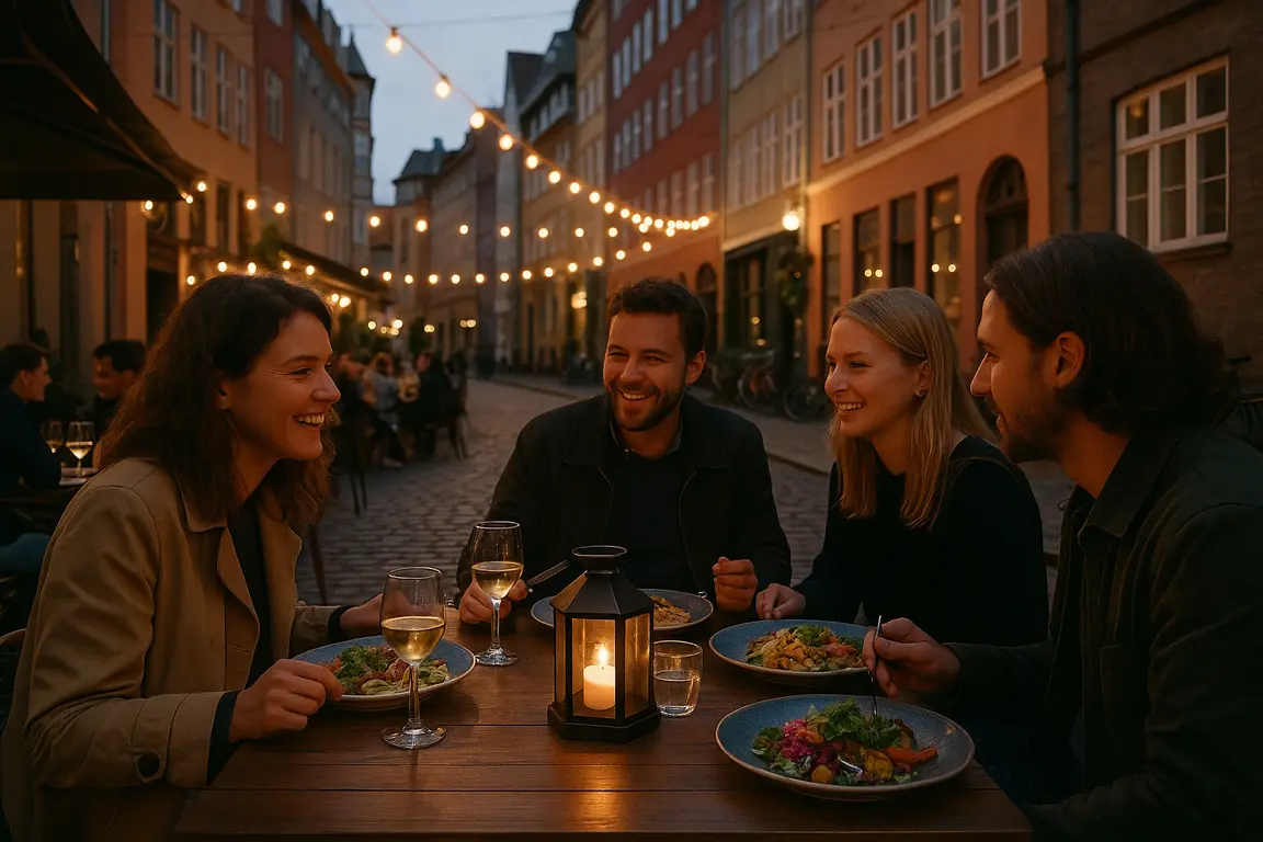 Mennesker nyder middag på en hyggelig restaurant i Indre By med smukke gadelygter