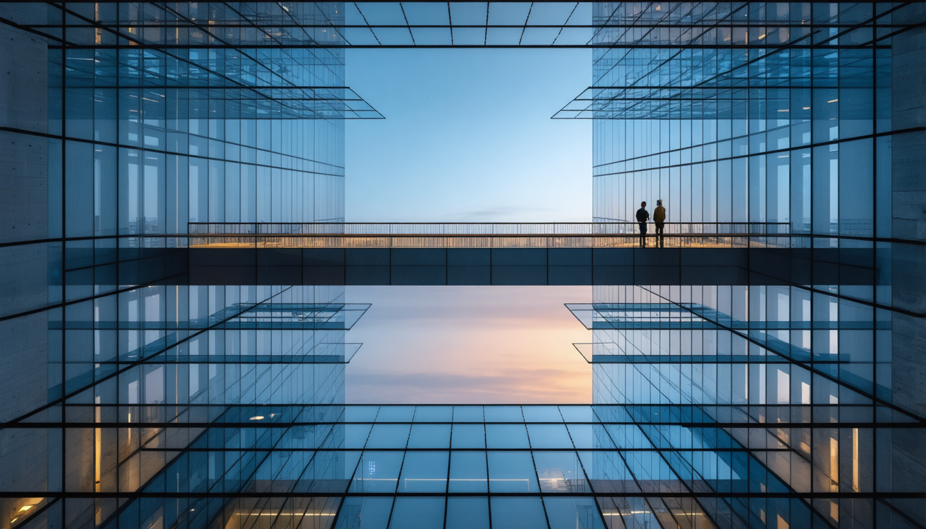 A single elevator shaft rising through a tall building, cross-sectioned to show multiple floors and a rooftop, in muted evening light.