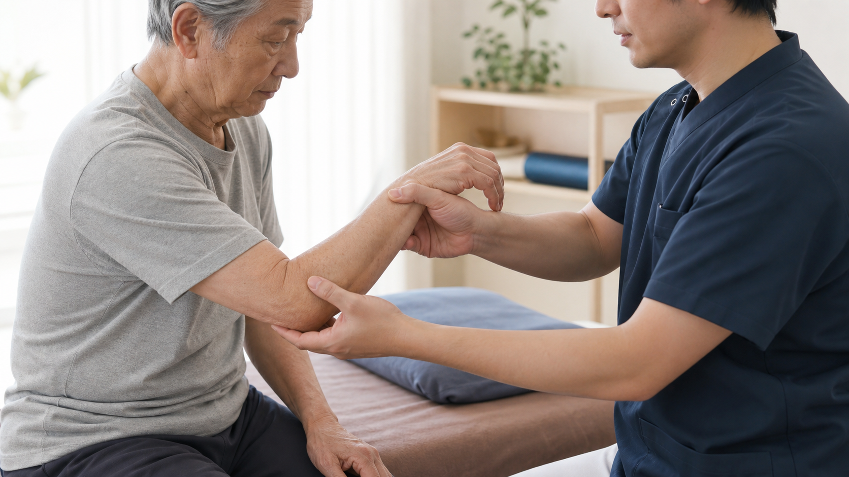 手や肘の関節可動域をやさしく確認する場面