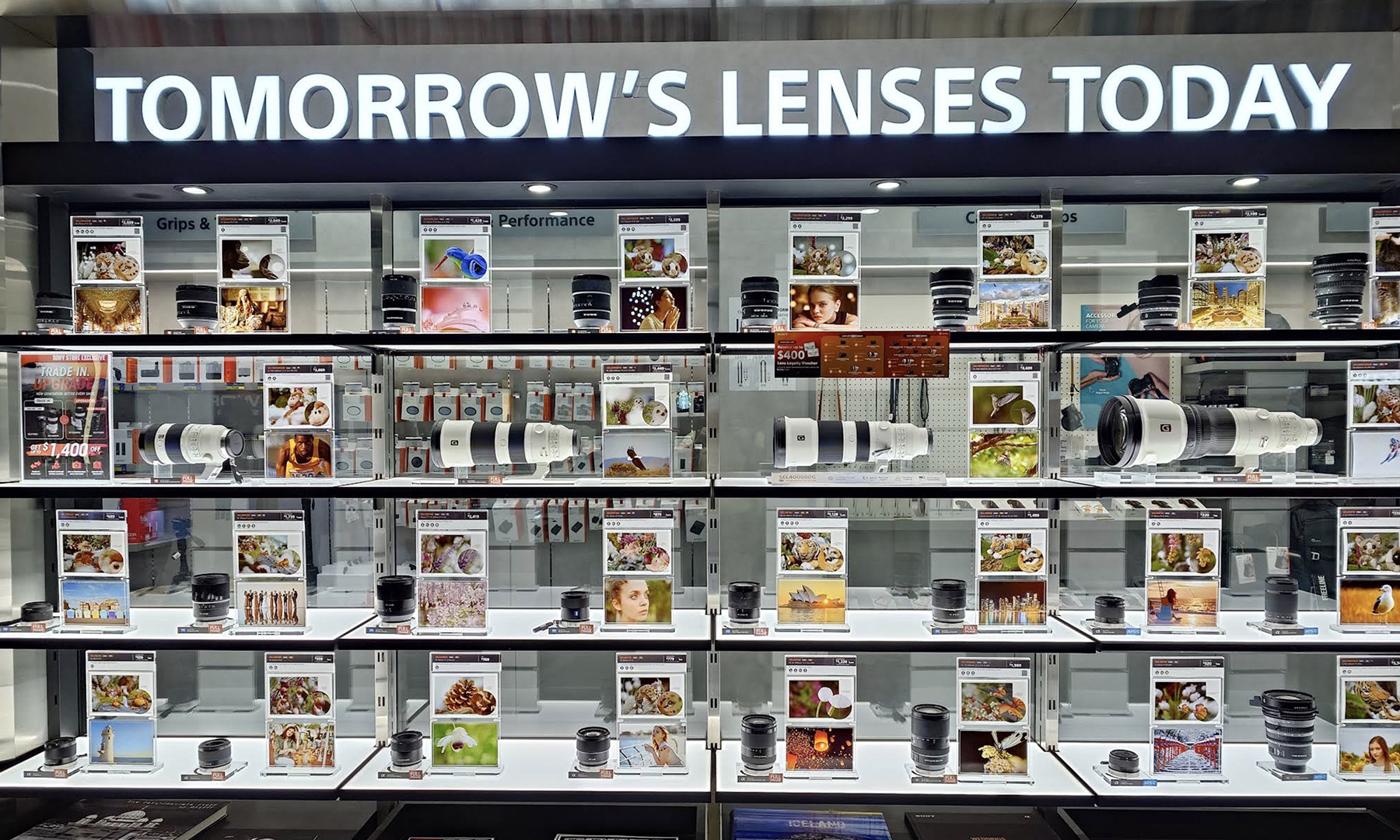 Sony cameras and audio equipment display