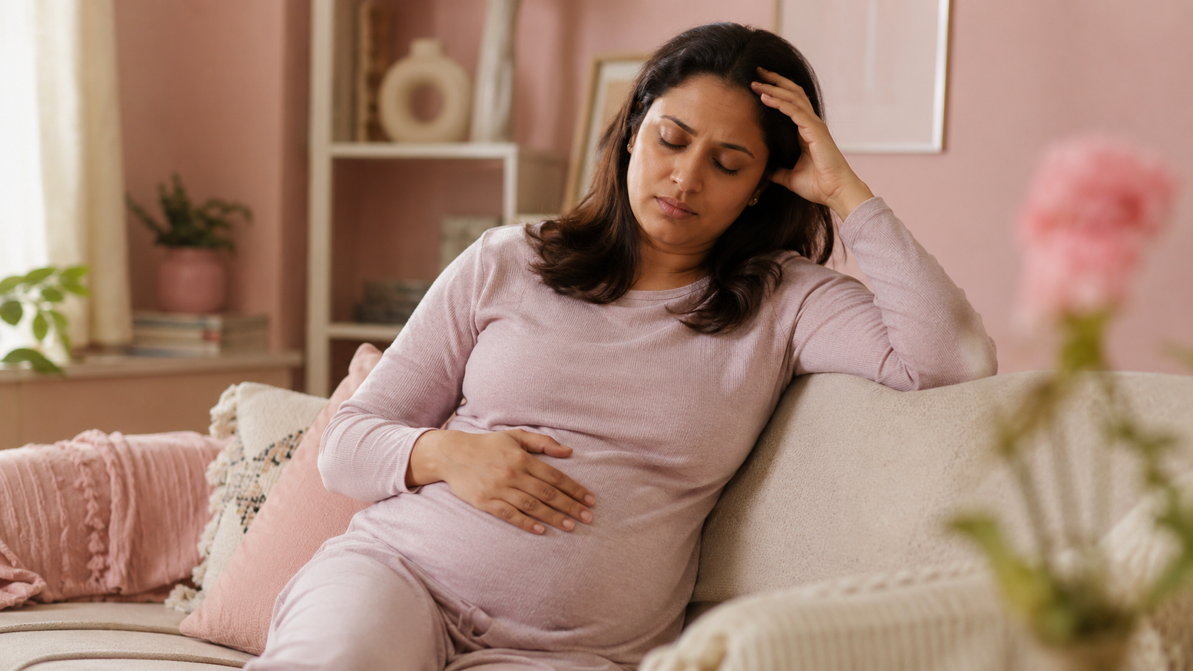Tired woman resting a hand on her bloated stomach