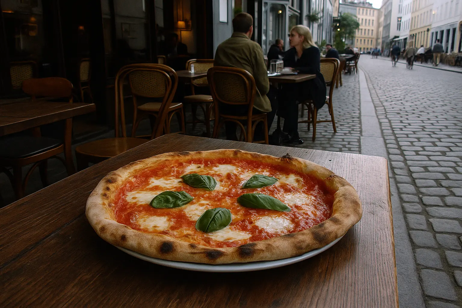 Frisklavet pizza på en rustik træbord i en hyggelig café i København